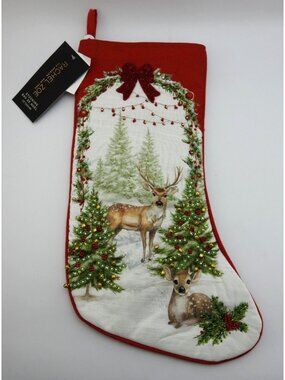Rachel Zoe Christmas Stocking NWT 22" Deer Reindeer Beaded Embellished Holiday